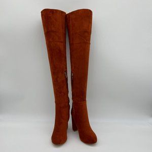 Brown Pointy Toe Chunky Long Boots Heels Pump Pull